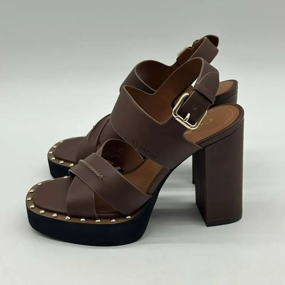 COACH Callie Platform Saddle Brown Leather Strappy Heels Sandals Women's Size 8B